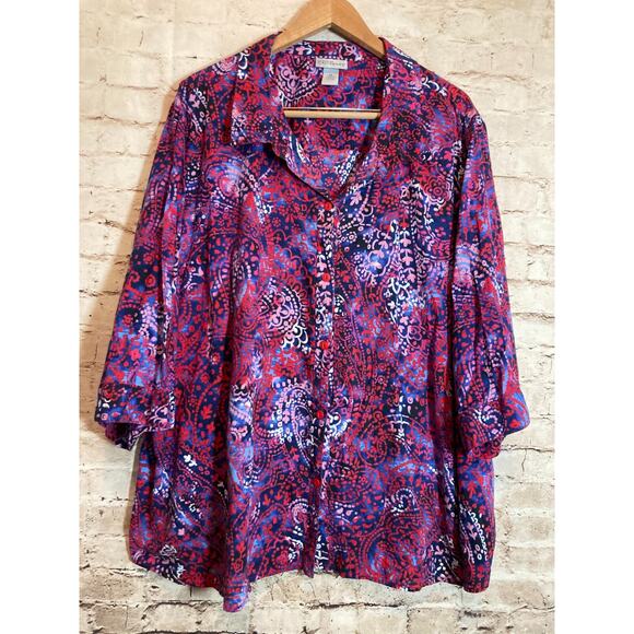 Catherines Button Up Top Womens 4X Red & Blue Paisley Plus Office Career Wear - Picture 1 of 12